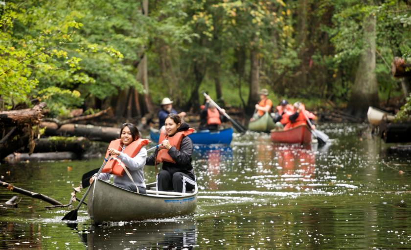 Teilnehmer eines Teamevents beim Kanufahren auf einem ruhigen Fluss, als Beispiel für ein aktives Outdoor-Eventformat.
